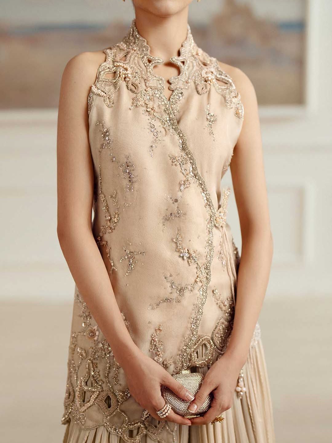 Pearl Dust – Embellished Halter Angrakha with Pleated Sharara