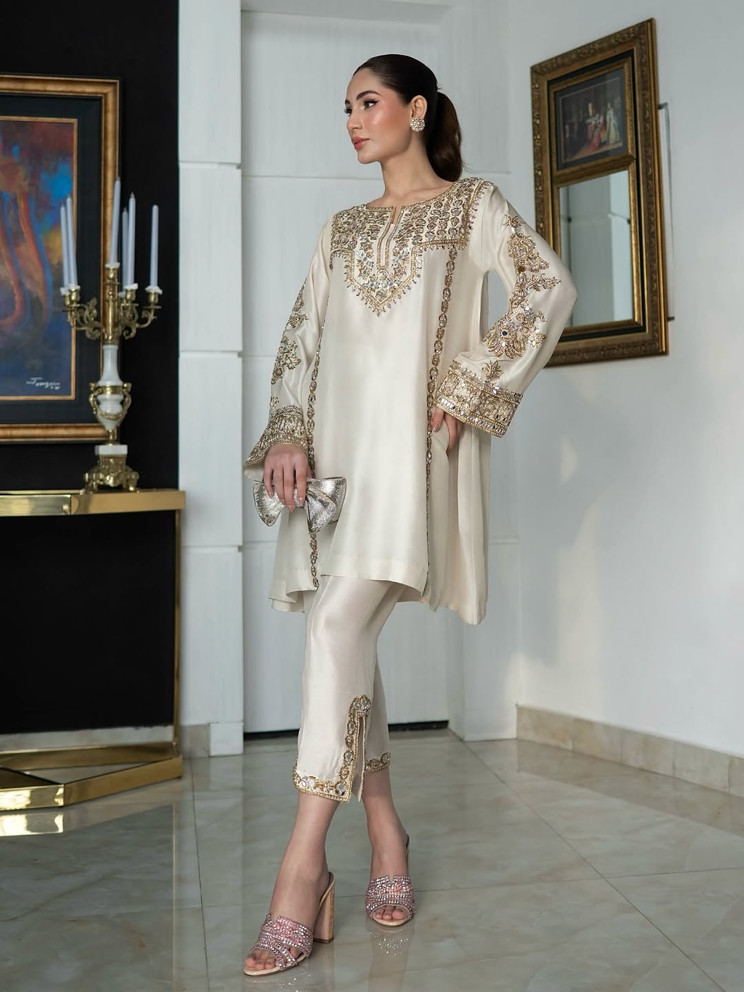 Moonlit Ivory: Hand-Embellished Mirrorwork Silk Tunic"