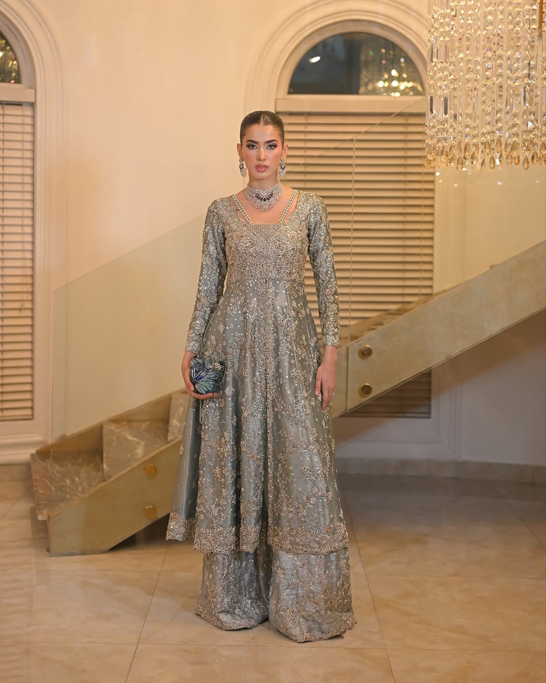 Silver Sage Zardozi Pishwas with Embellished Palazzo & Pink Dupatta