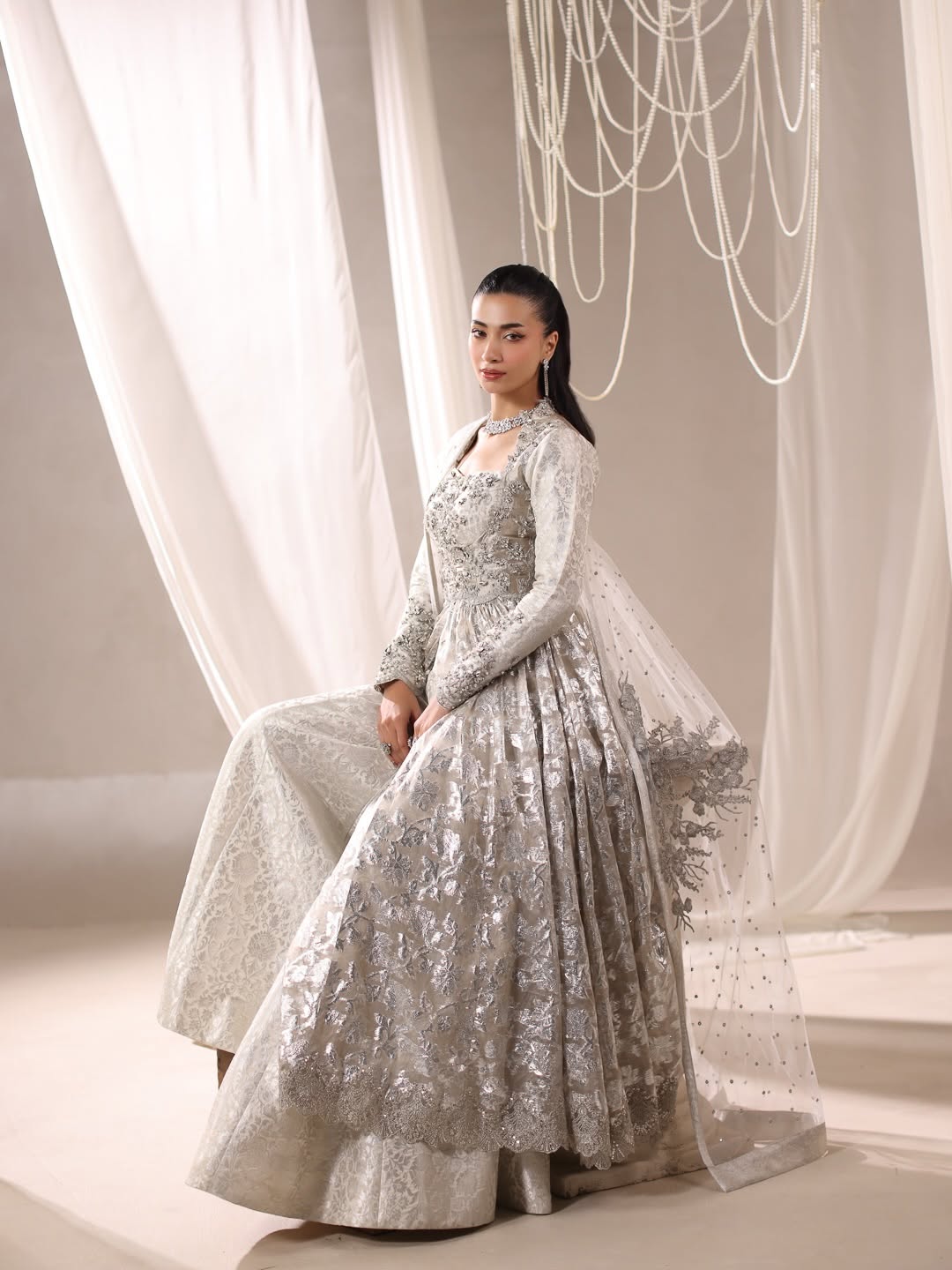 Silver Flora Peshwas & Lehenga Ensemble