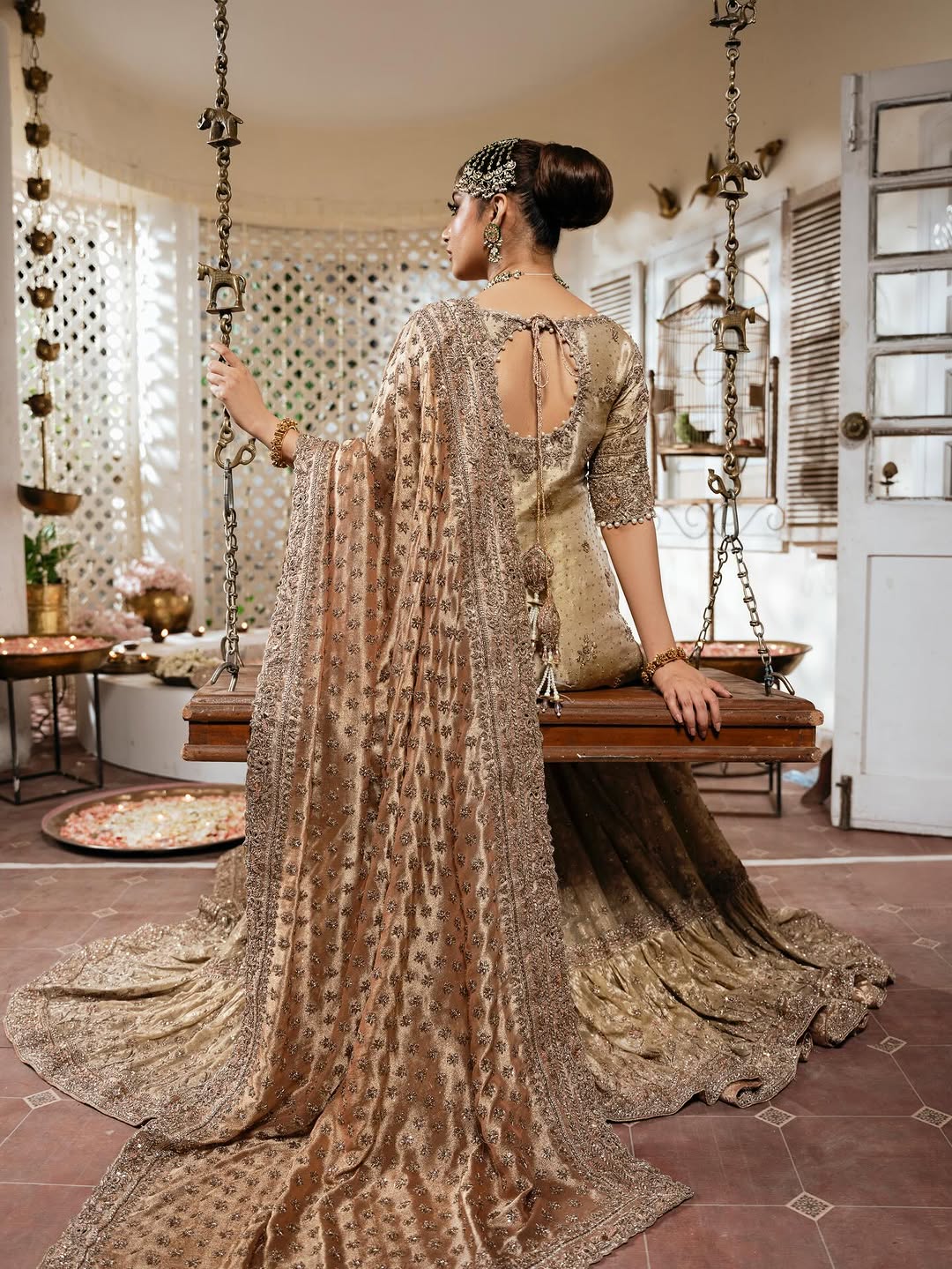 Golden Heavily Embroidered Bridal Lehenga Choli with Dupatta