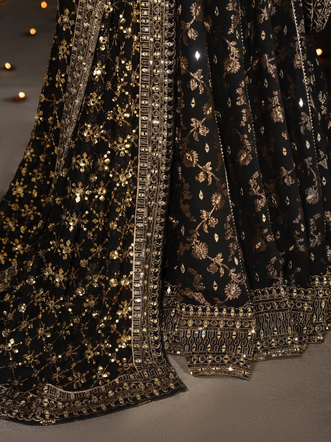 Midnight Nocturne – Hand-Embellished Black & Gold Raw Silk Lehenga Set