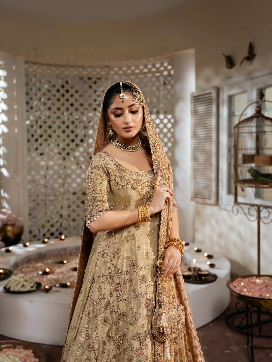 Golden Heavily Embroidered Bridal Lehenga Choli with Dupatta