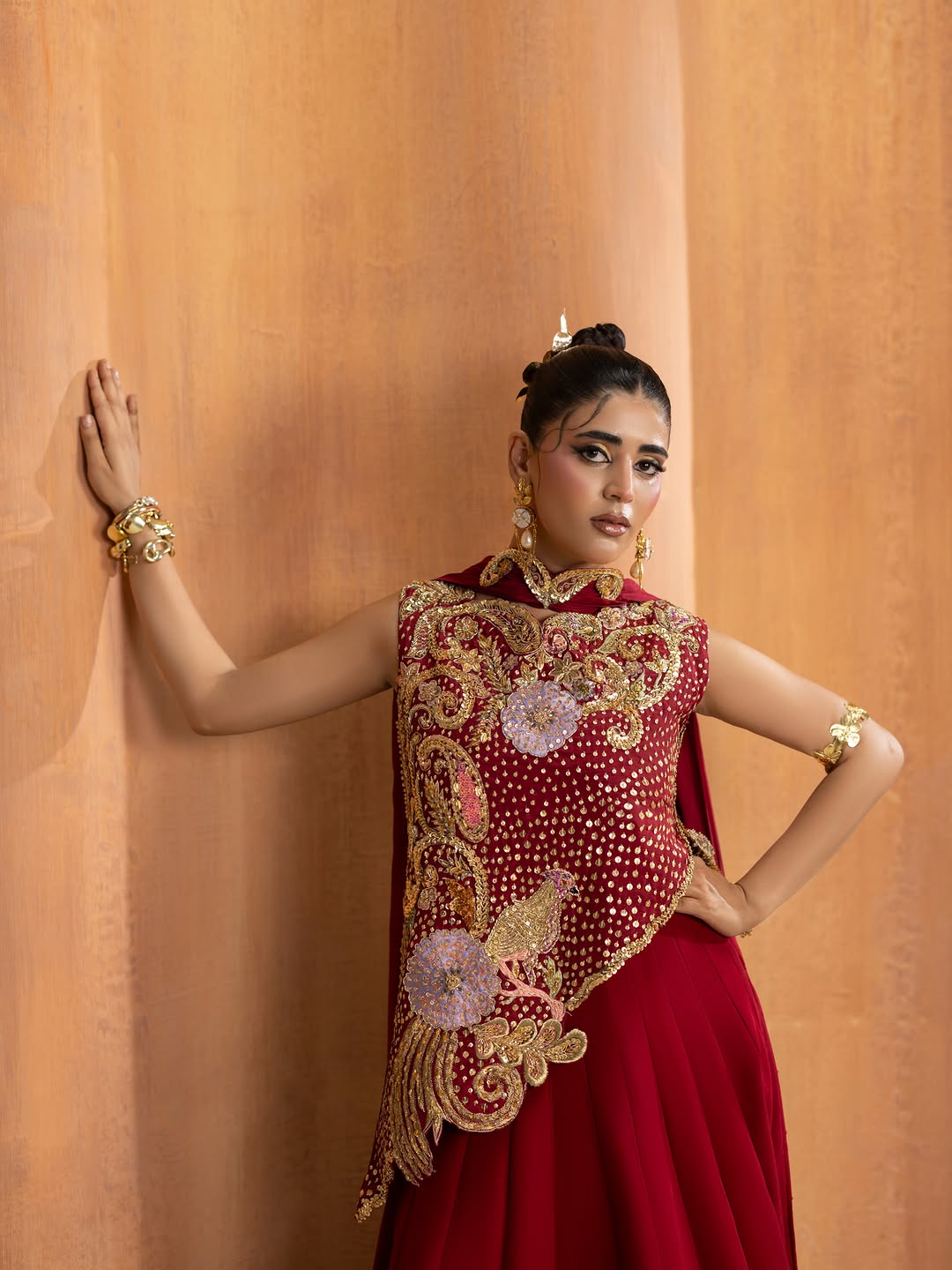 Asymmetric Hand-Embroidered Top with Sequined Maxi Skirt & Dupatta Set