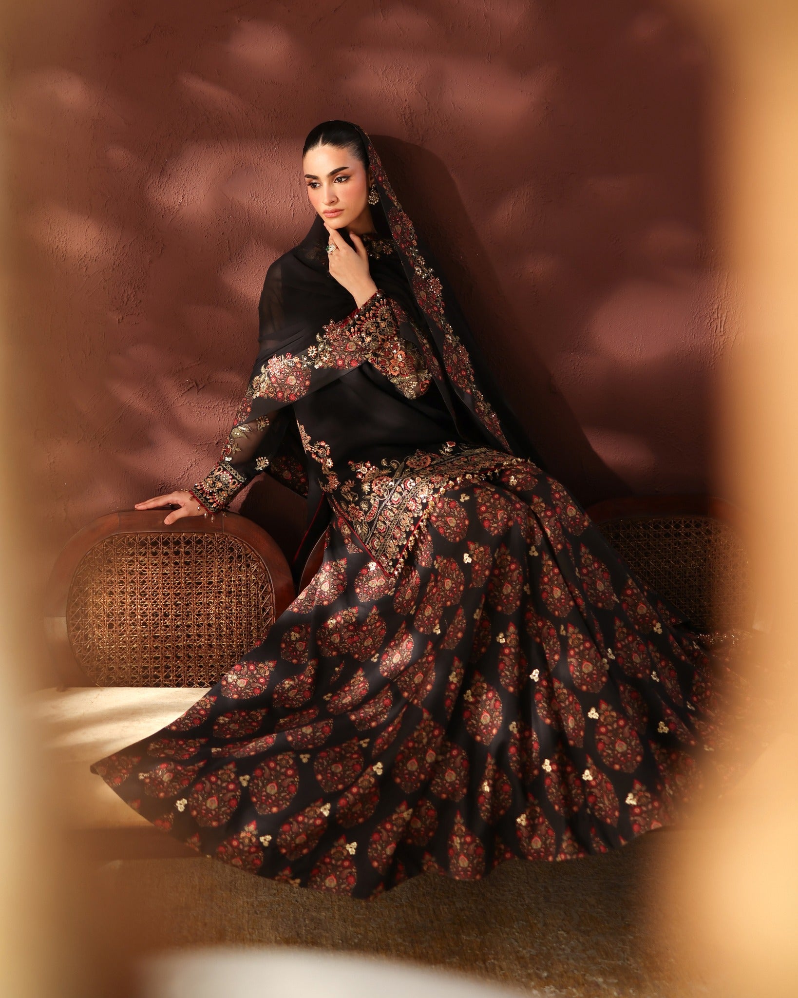 Midnight Black Embroidered Silk Kurta with Jamawar Lehenga & Organza Dupatta