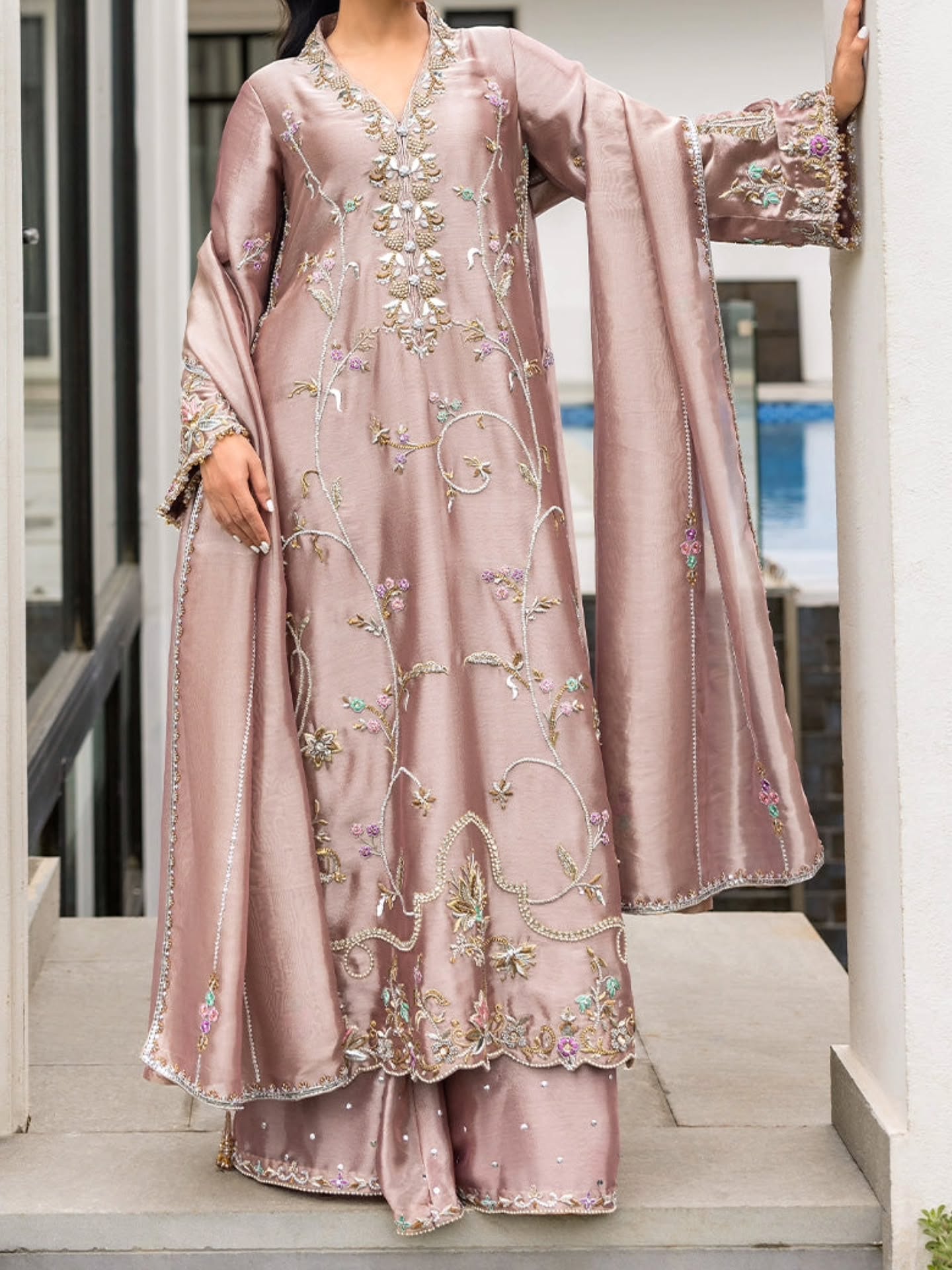 Dusky Rose Hand-Embellished Raw Silk Long Line Kurta Set