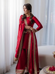 Gul-e-Lal Crimson Raw Silk Kurta Set with Intricate Zardozi & Mirror Work Cuffs