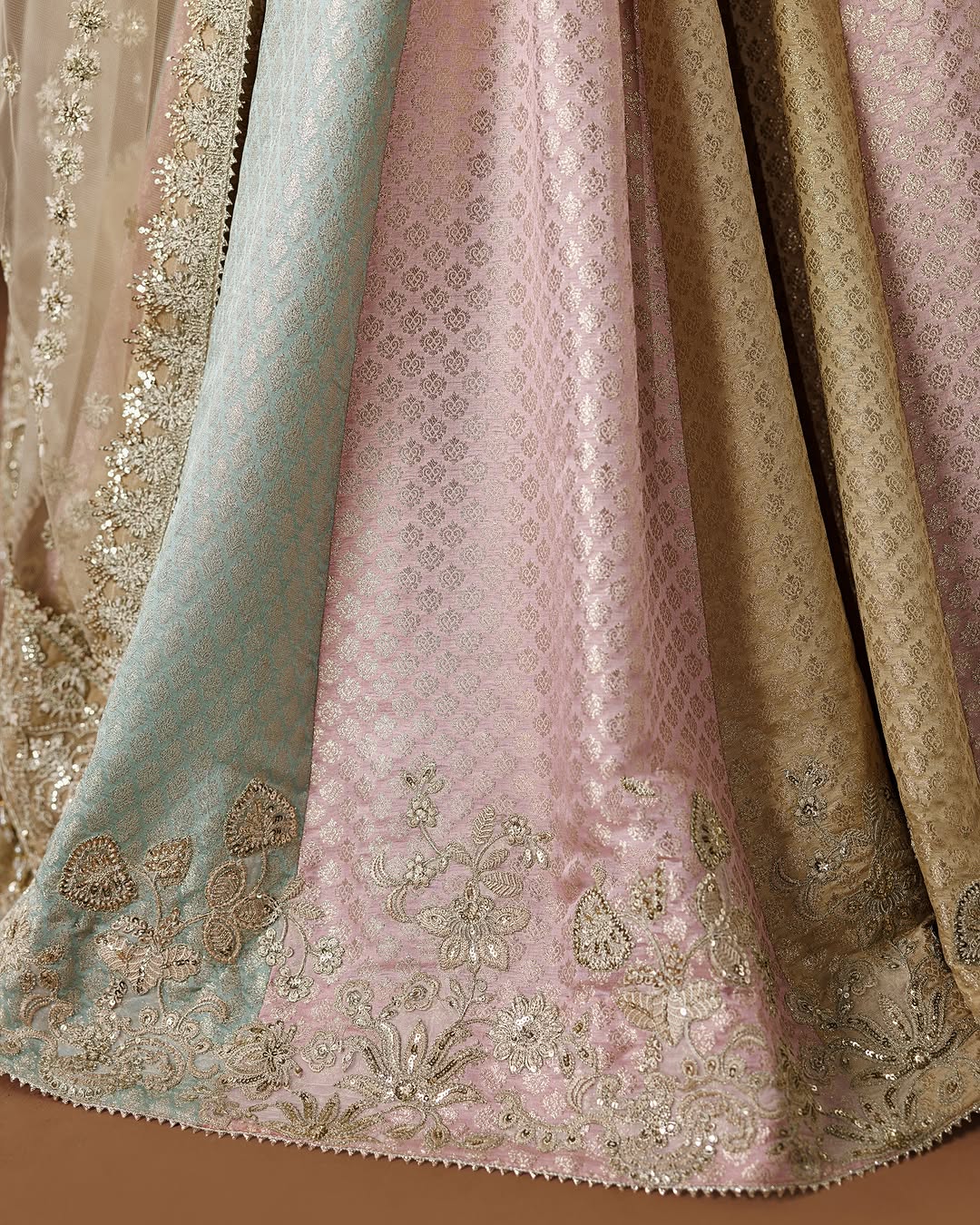 Ivory Zari Banarsi Kurta with Pastel Multi-Panel Kalidar Lehenga & Net Dupatta (3-Piece Luxury Festive Set)