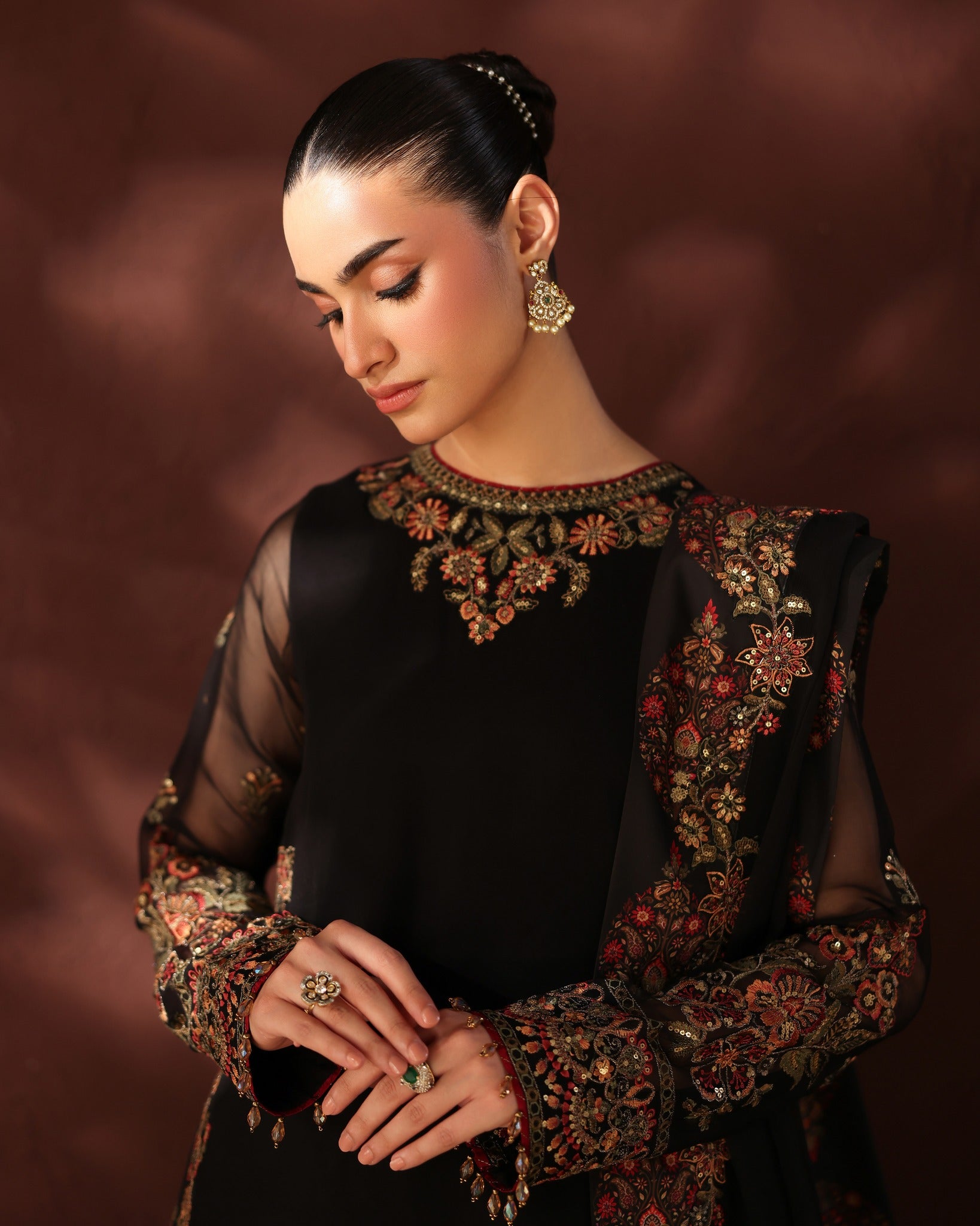 Midnight Black Embroidered Silk Kurta with Jamawar Lehenga & Organza Dupatta