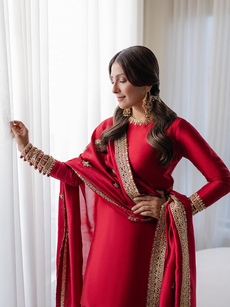 Gul-e-Lal Crimson Raw Silk Kurta Set with Intricate Zardozi & Mirror Work Cuffs