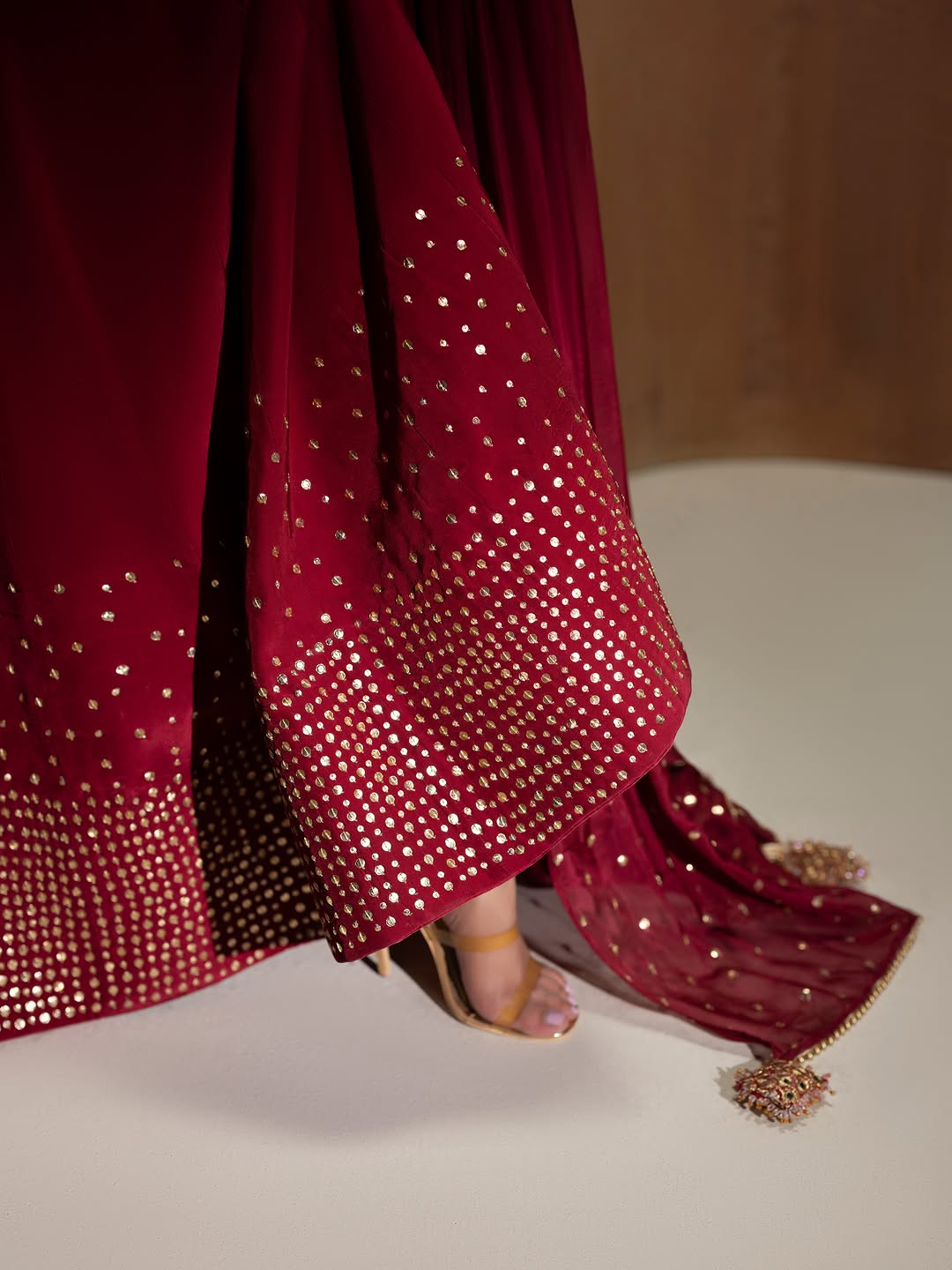 Asymmetric Hand-Embroidered Top with Sequined Maxi Skirt & Dupatta Set