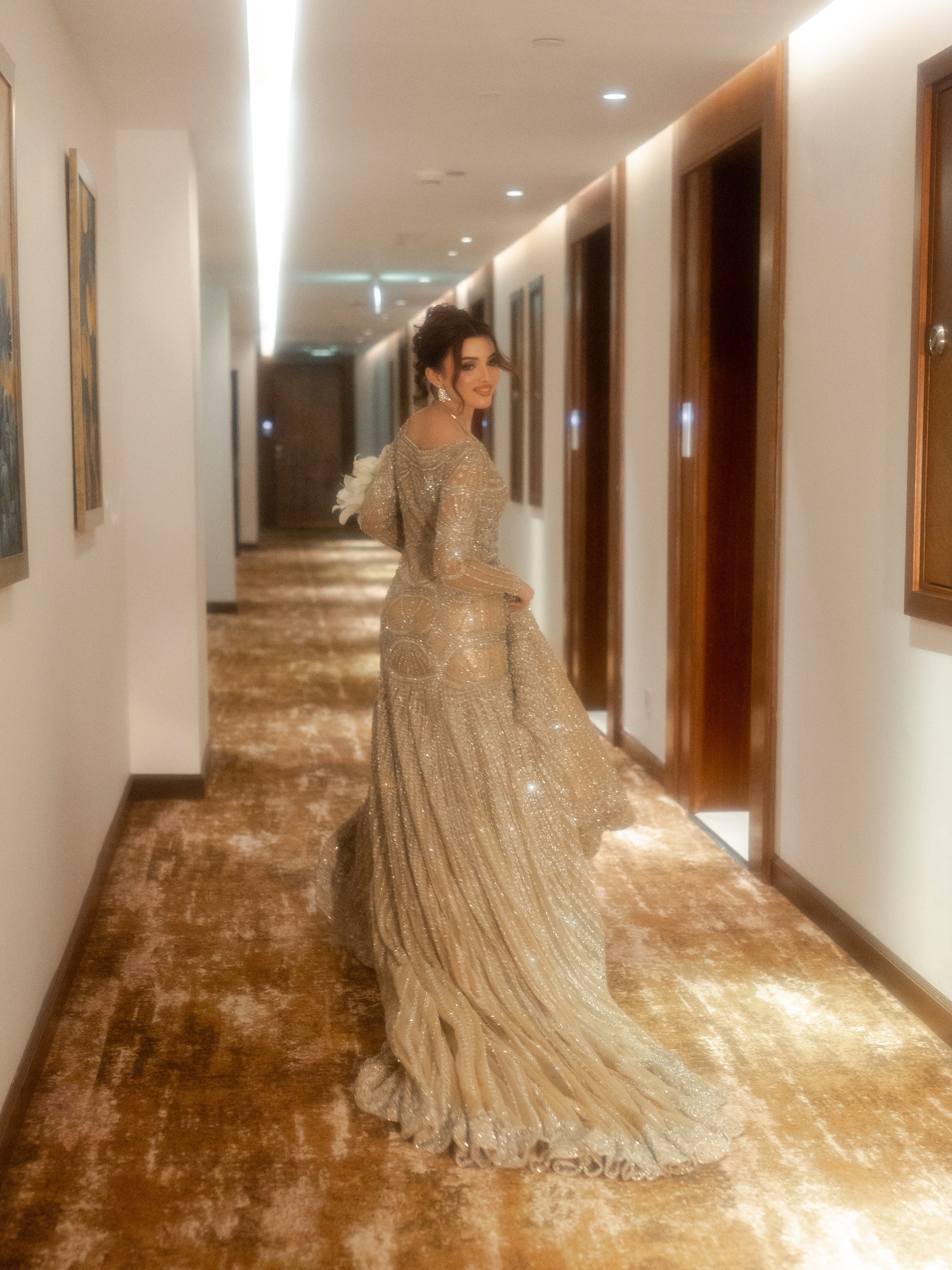 The Celestial Shimmer Gown & Sequin Veil Set – Champagne Gold