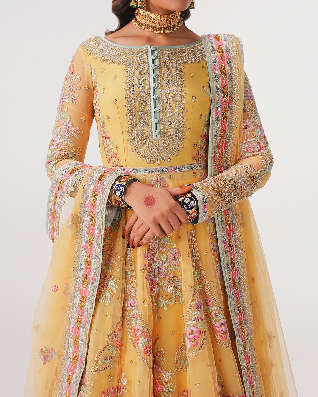Hand-Embellished Yellow Net Bridal Pishwas & Lehenga Set