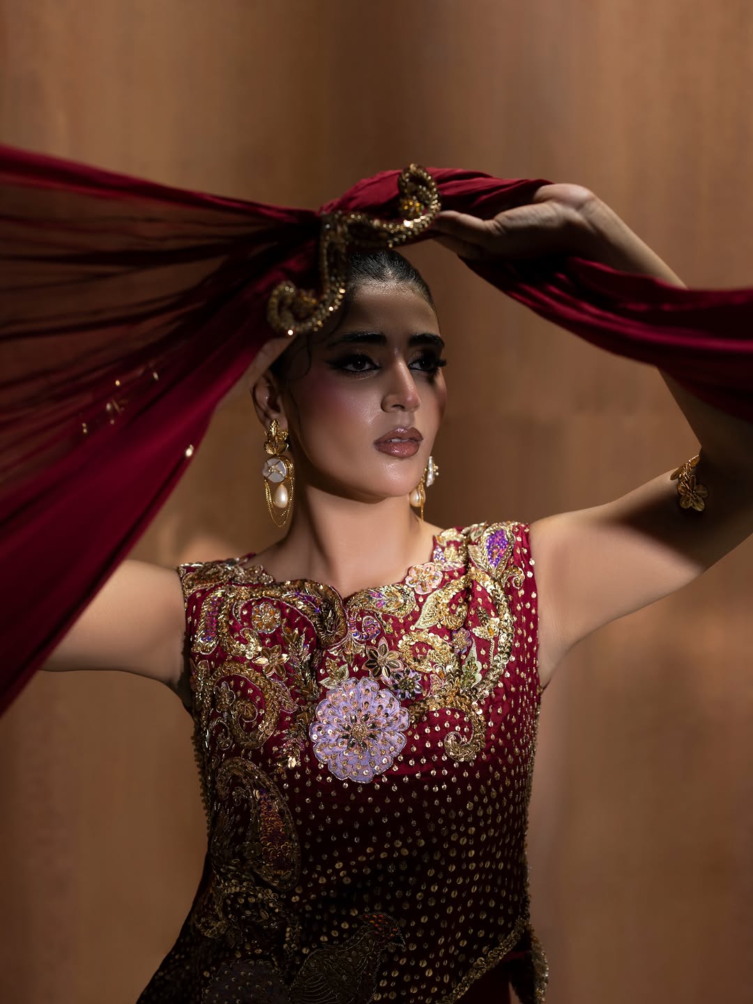Asymmetric Hand-Embroidered Top with Sequined Maxi Skirt & Dupatta Set