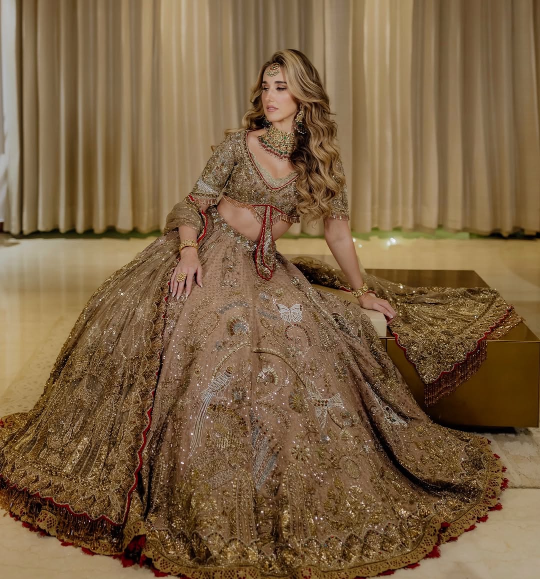 Heavy Luxury South Asian Wedding Lehenga Choli with Intricate Peacock & Butterfly Motifs