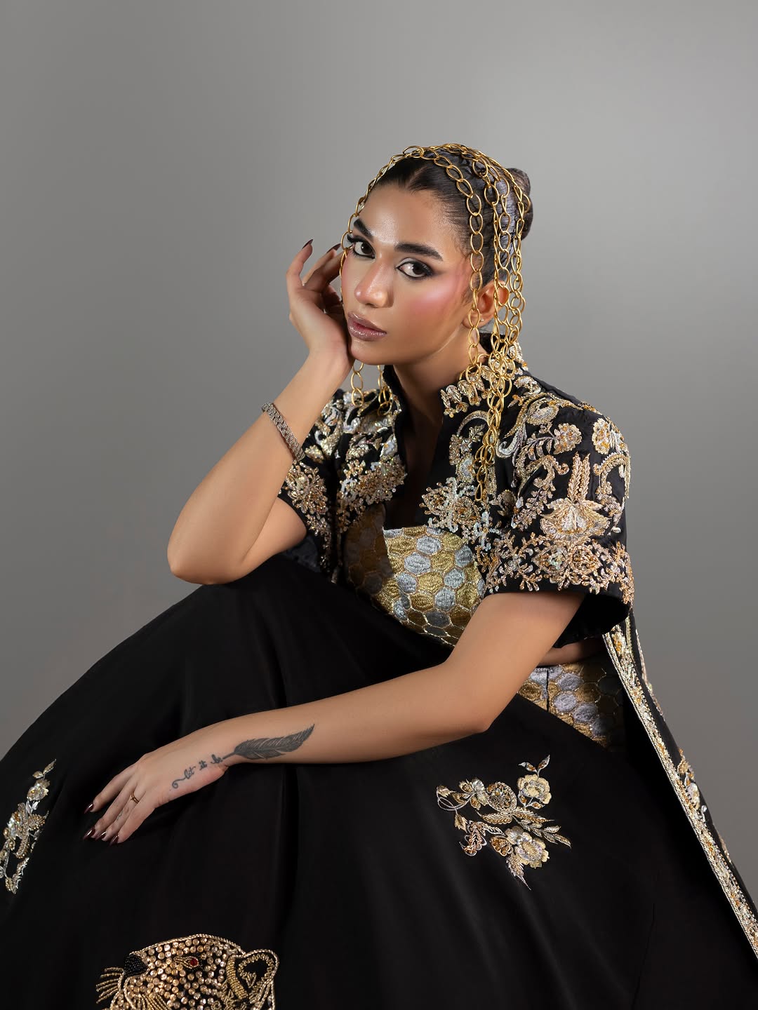 Midnight Black Hand-Embroidered Lehenga Set with Short Jacket