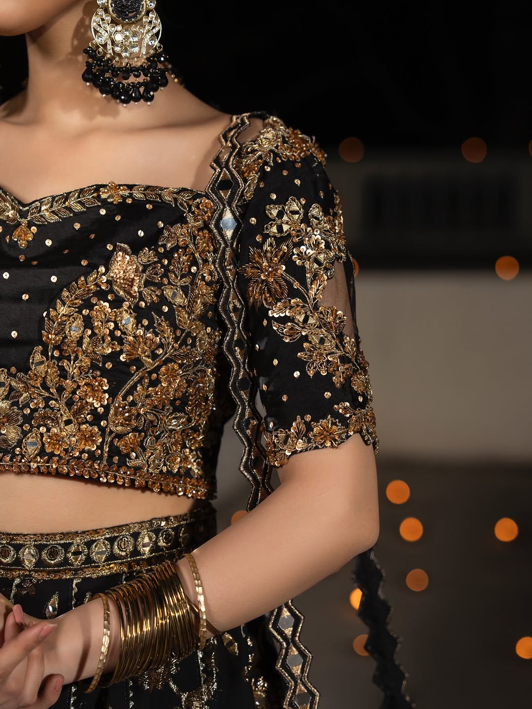 Midnight Nocturne – Hand-Embellished Black & Gold Raw Silk Lehenga Set