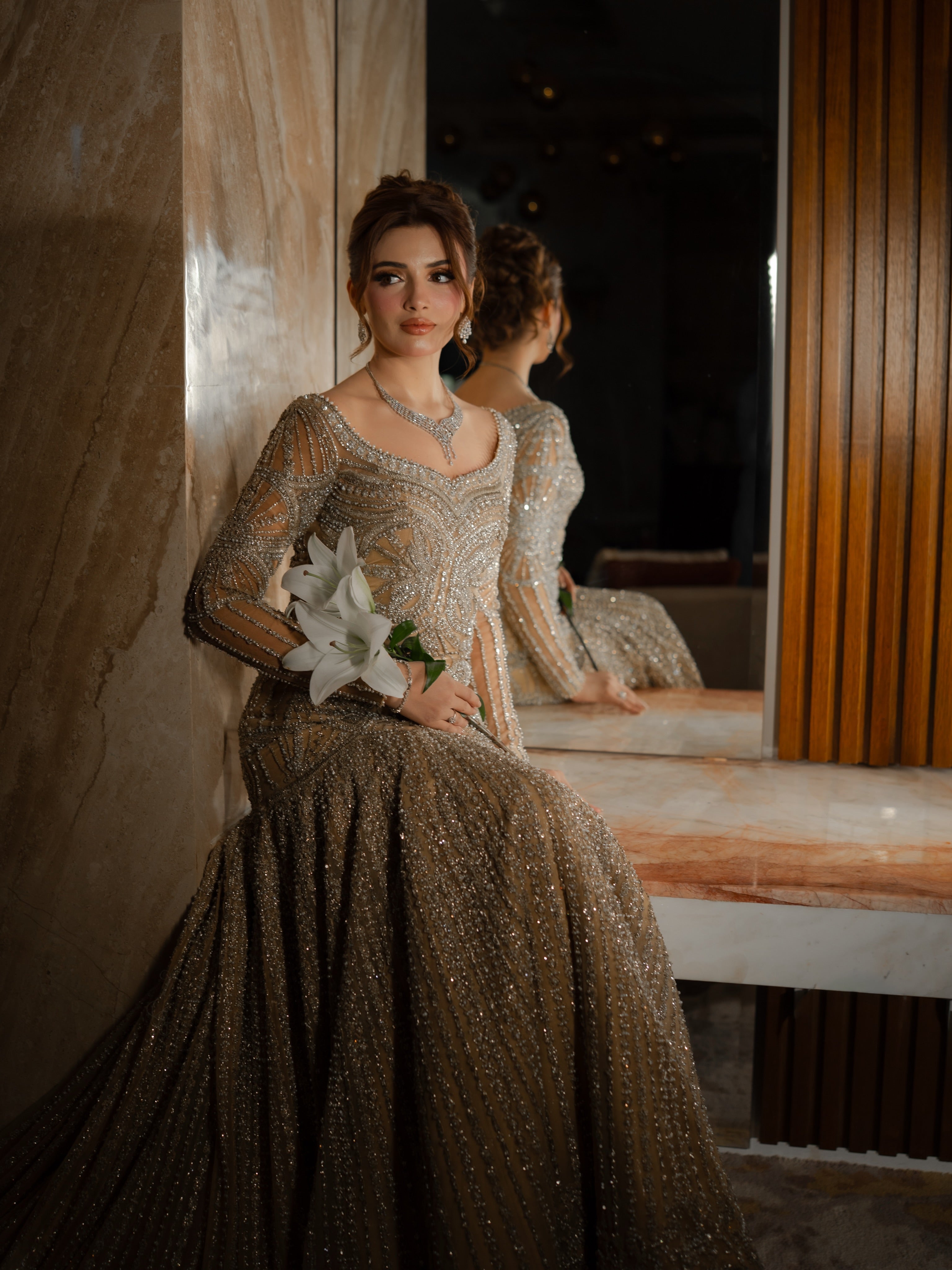 The Celestial Shimmer Gown & Sequin Veil Set – Champagne Gold