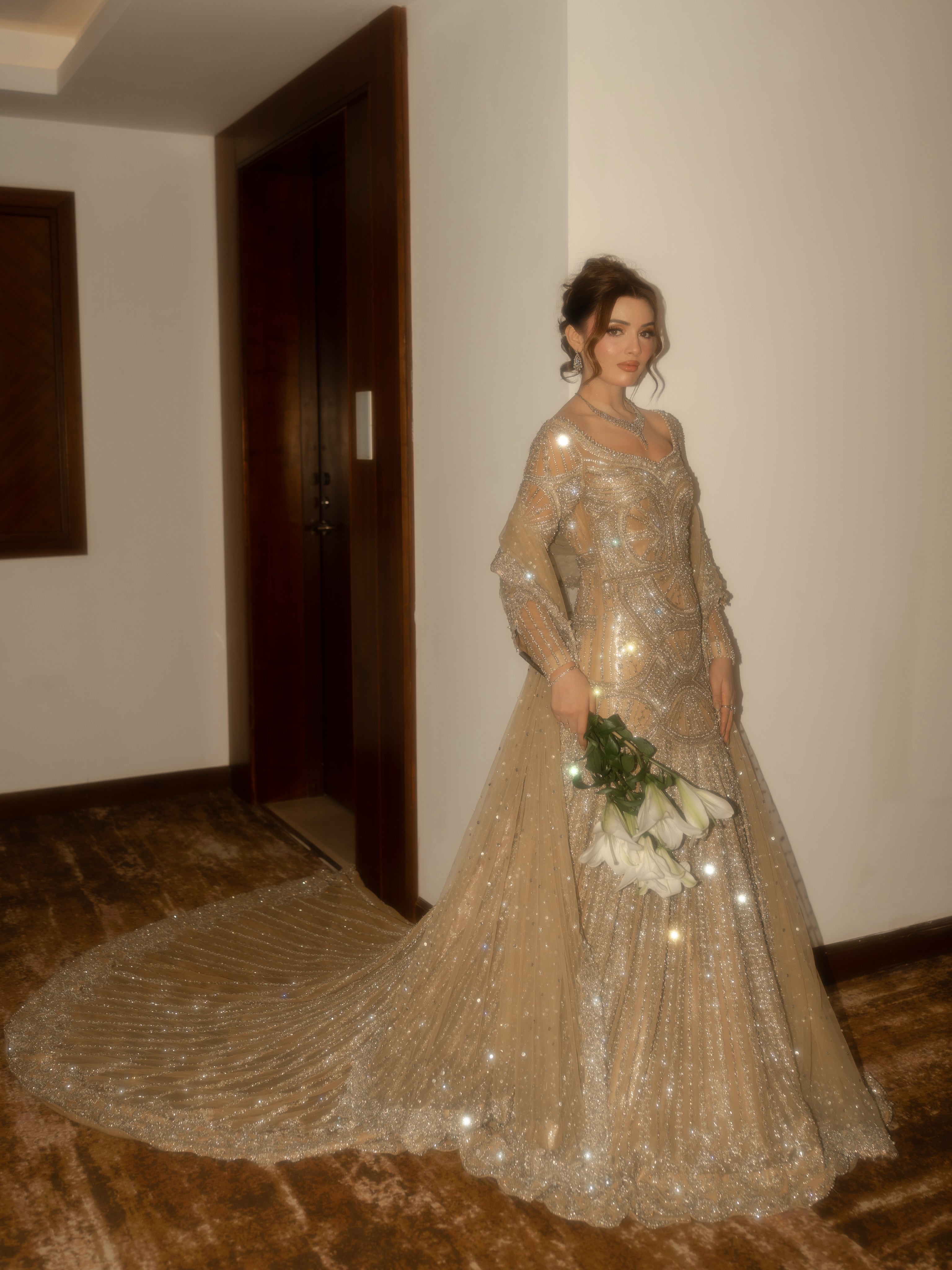 The Celestial Shimmer Gown & Sequin Veil Set – Champagne Gold