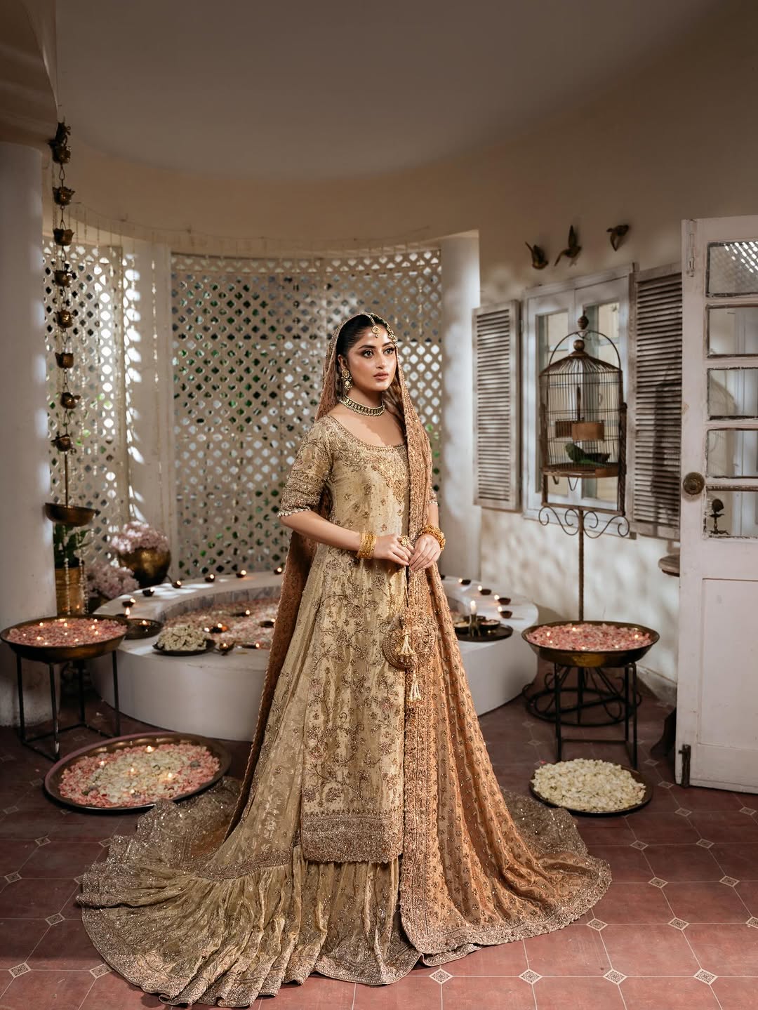 Golden Heavily Embroidered Bridal Lehenga Choli with Dupatta