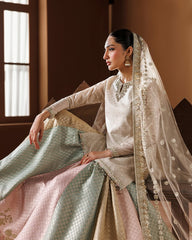 Ivory Zari Banarsi Kurta with Pastel Multi-Panel Kalidar Lehenga & Net Dupatta (3-Piece Luxury Festive Set)