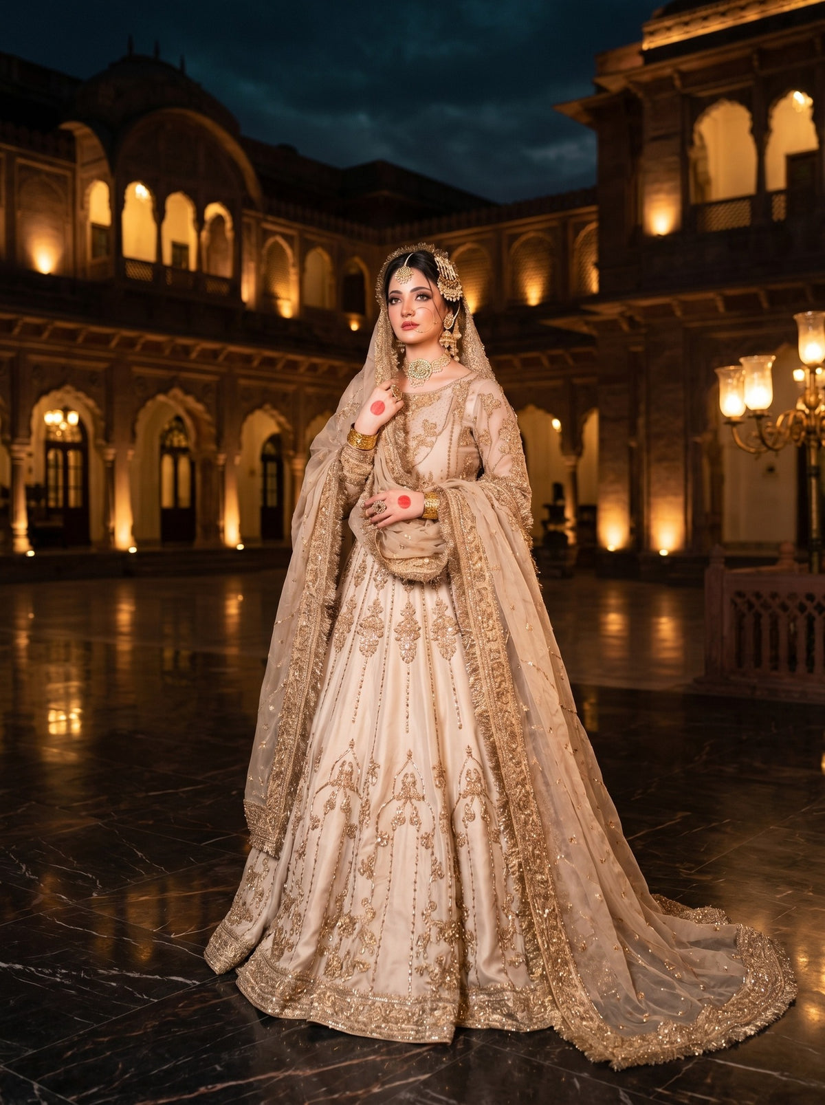 Classic Ivory & Gold Heavily Embellished Bridal Lehnga Set