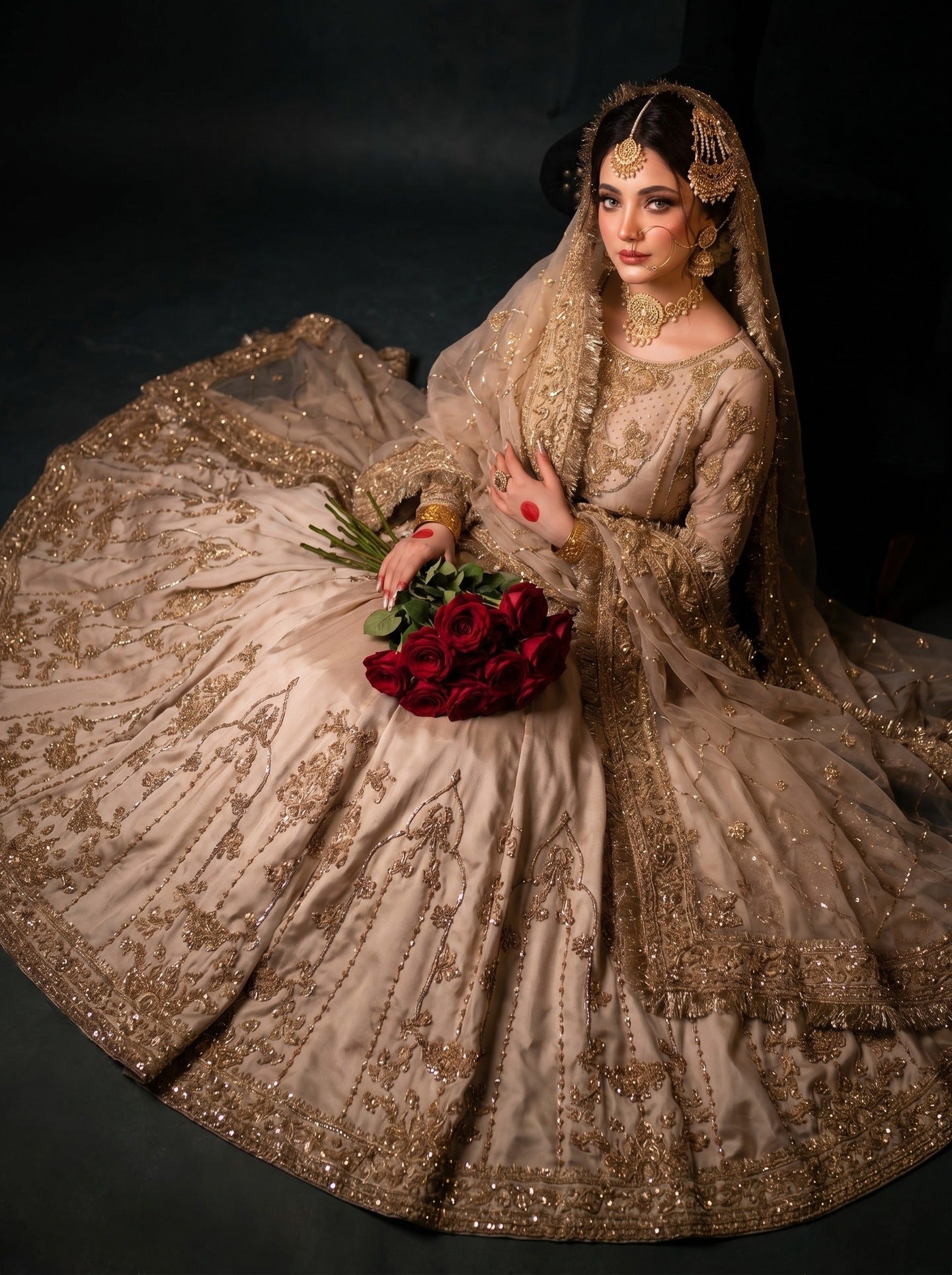 Classic Ivory & Gold Heavily Embellished Bridal Lehnga Set