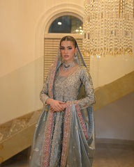 Silver Sage Zardozi Pishwas with Embellished Palazzo & Pink Dupatta