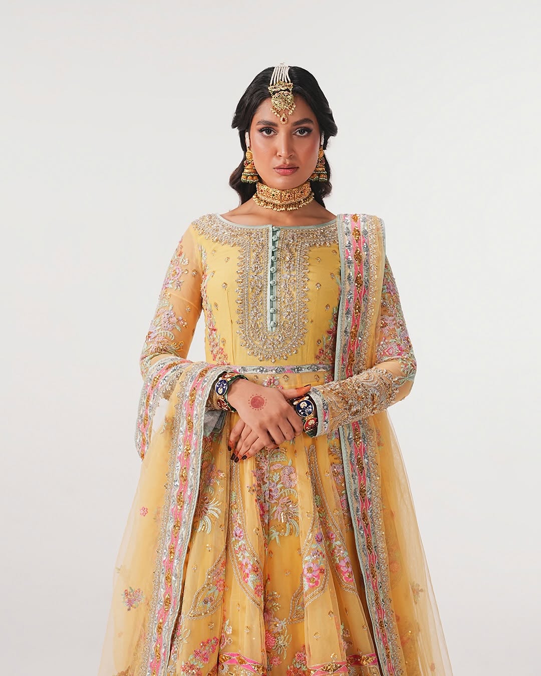 Hand-Embellished Yellow Net Bridal Pishwas & Lehenga Set