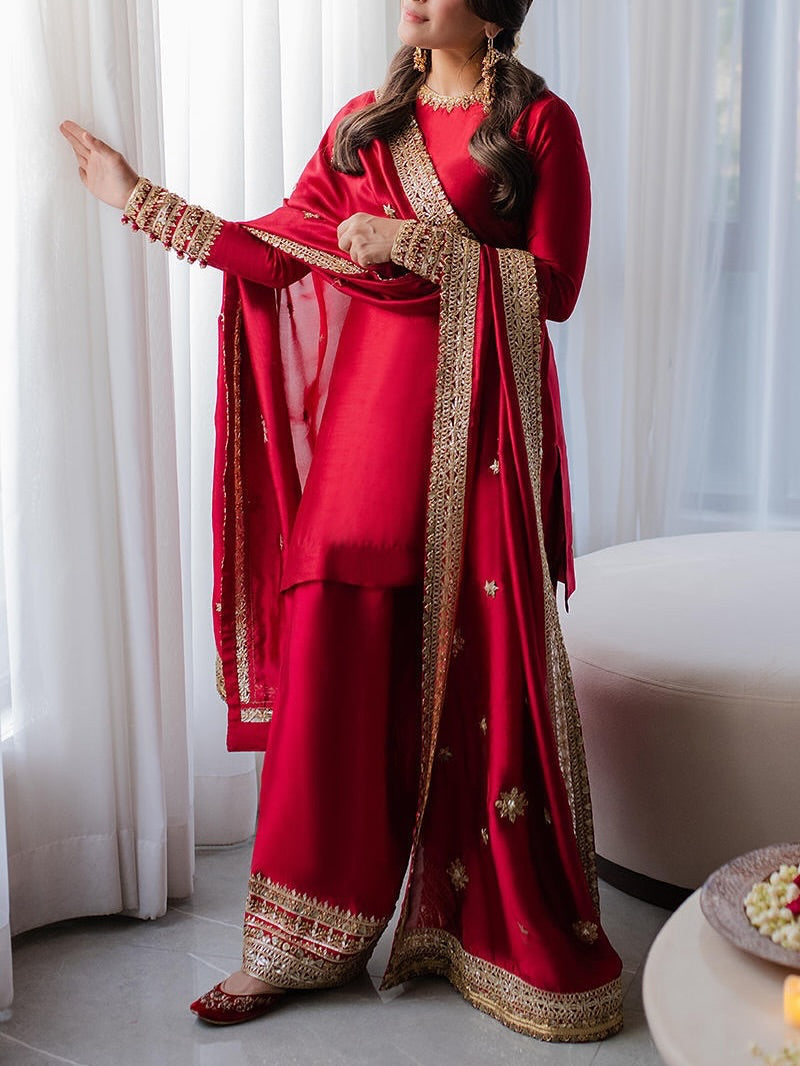Gul-e-Lal Crimson Raw Silk Kurta Set with Intricate Zardozi & Mirror Work Cuffs