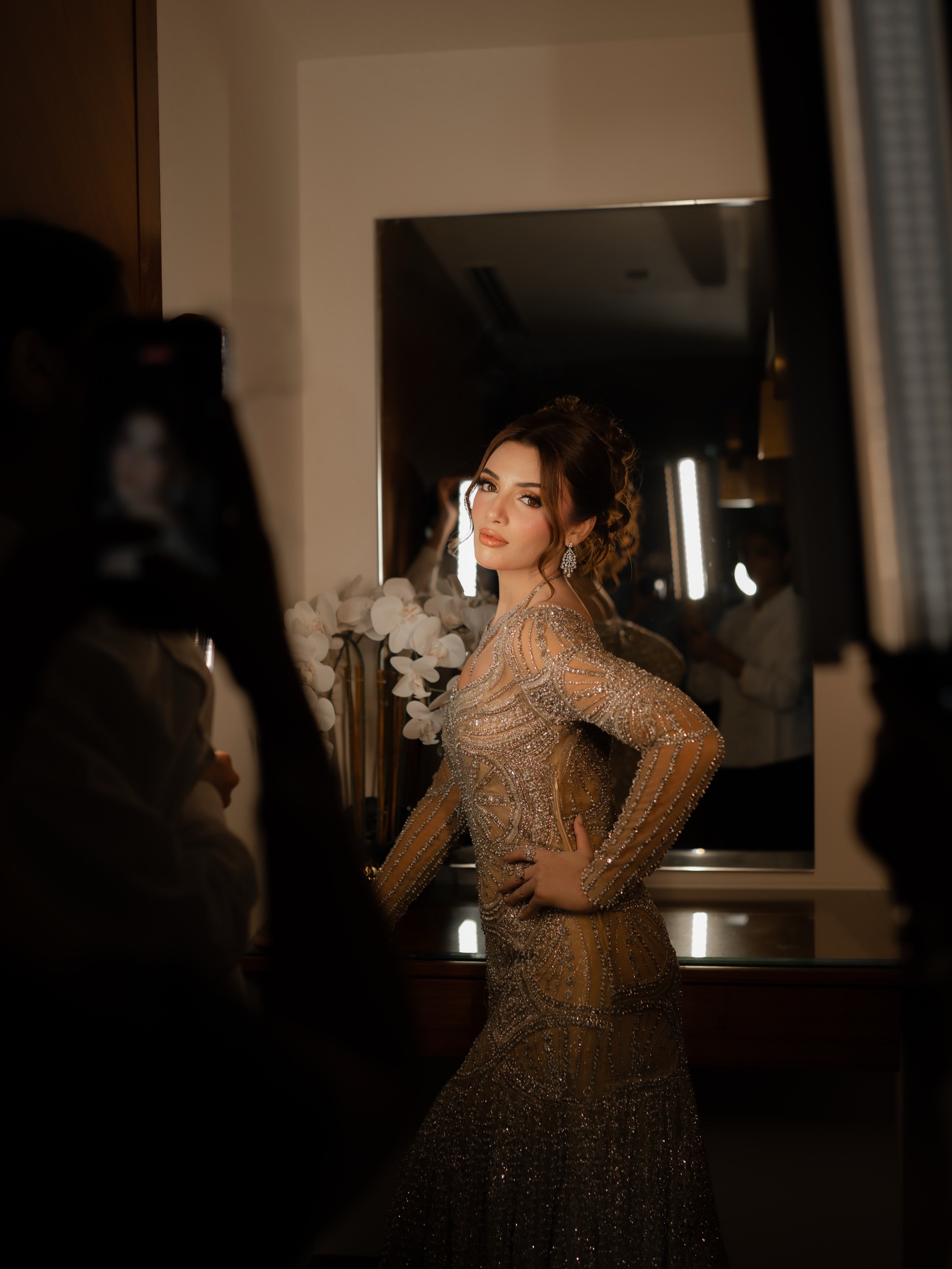 The Celestial Shimmer Gown & Sequin Veil Set – Champagne Gold