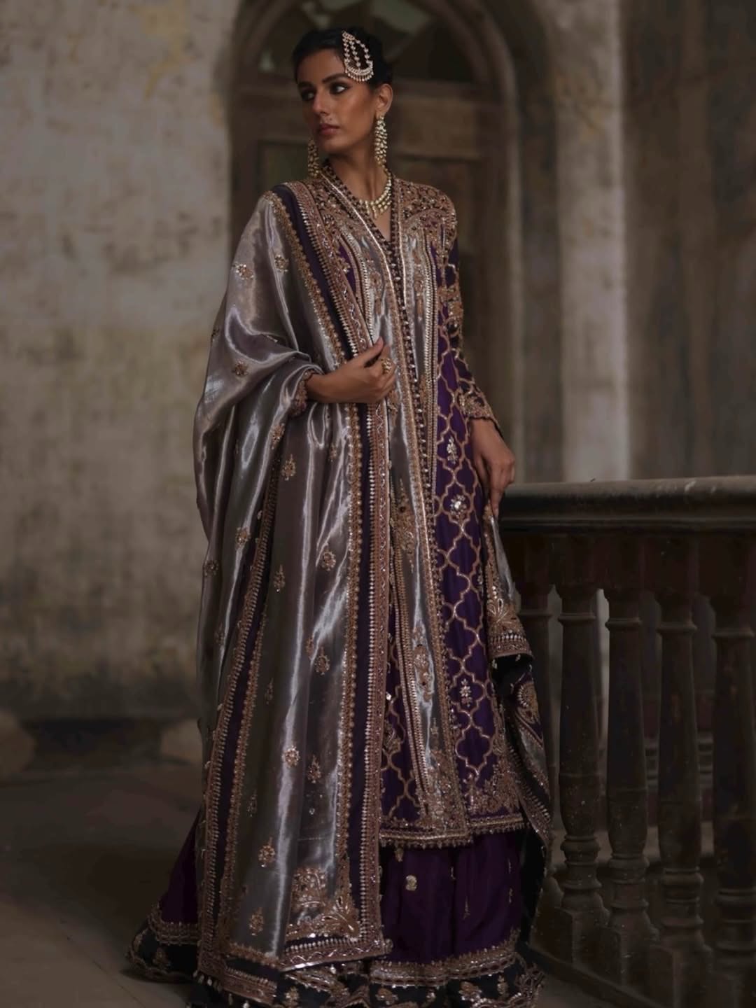 The Royal Aubergine & Silver Tissue 3-Piece Hand-Embellished Angrakha Set