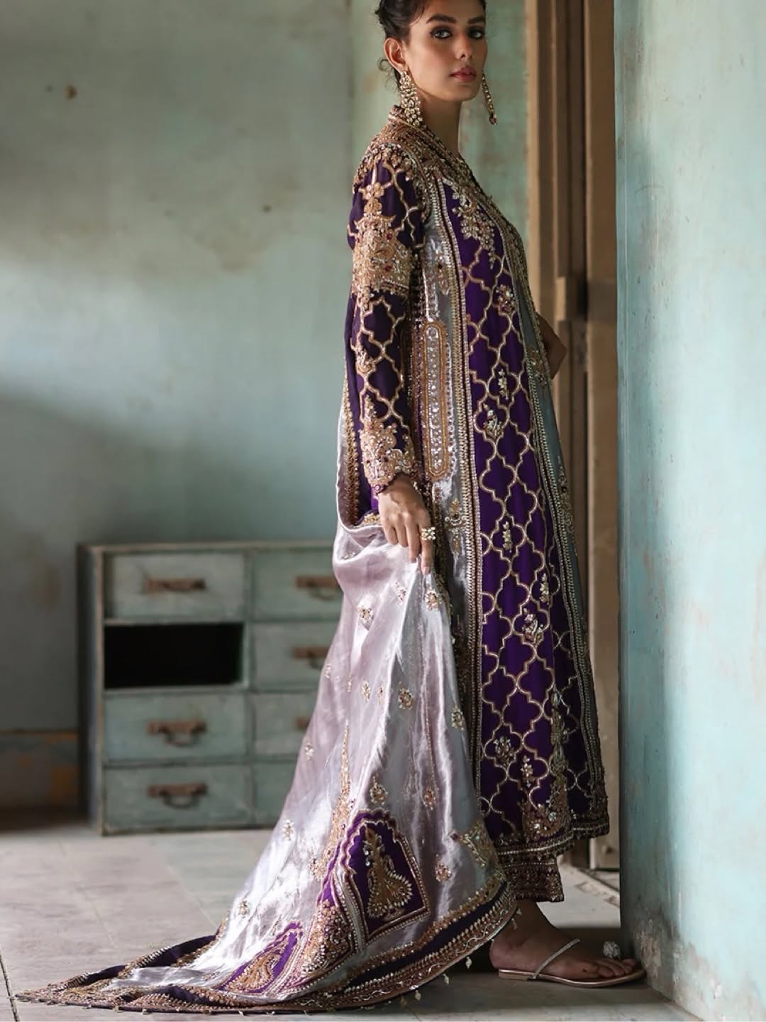 The Royal Aubergine & Silver Tissue 3-Piece Hand-Embellished Angrakha Set