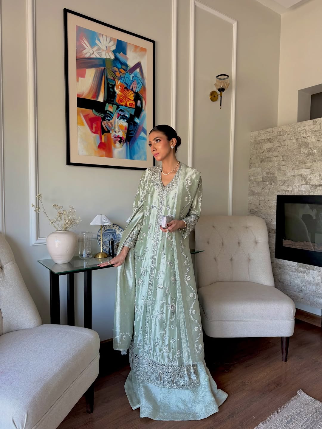 Aira – Mint Green Hand-Embroidered Tissue Formal Set