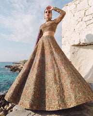 Luxury Hand-Embellished Pastel and Gold Bridal Lehenga – Traditional Zardozi Wedding Dress