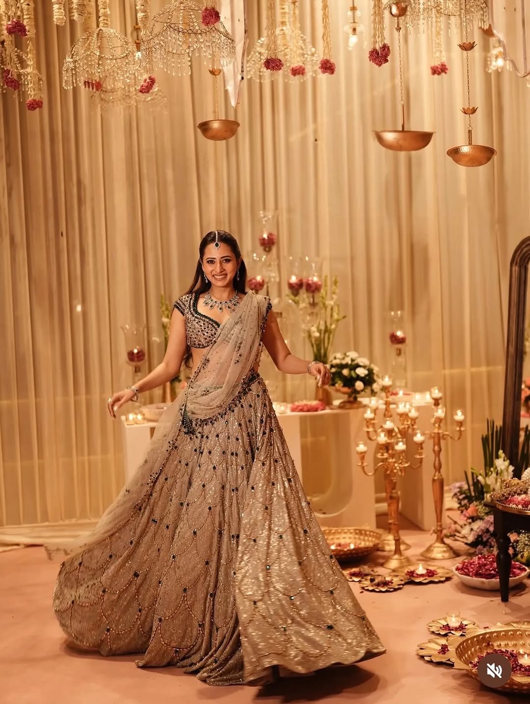 Champagne Gold and Emerald Green Bridal Lehenga – Hand-Embroidered Scallop Choli and Net Dupatta