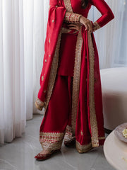 Gul-e-Lal Crimson Raw Silk Kurta Set with Intricate Zardozi & Mirror Work Cuffs