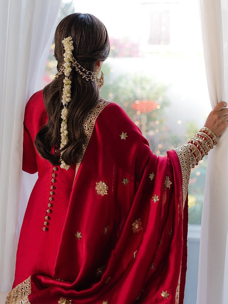 Gul-e-Lal Crimson Raw Silk Kurta Set with Intricate Zardozi & Mirror Work Cuffs