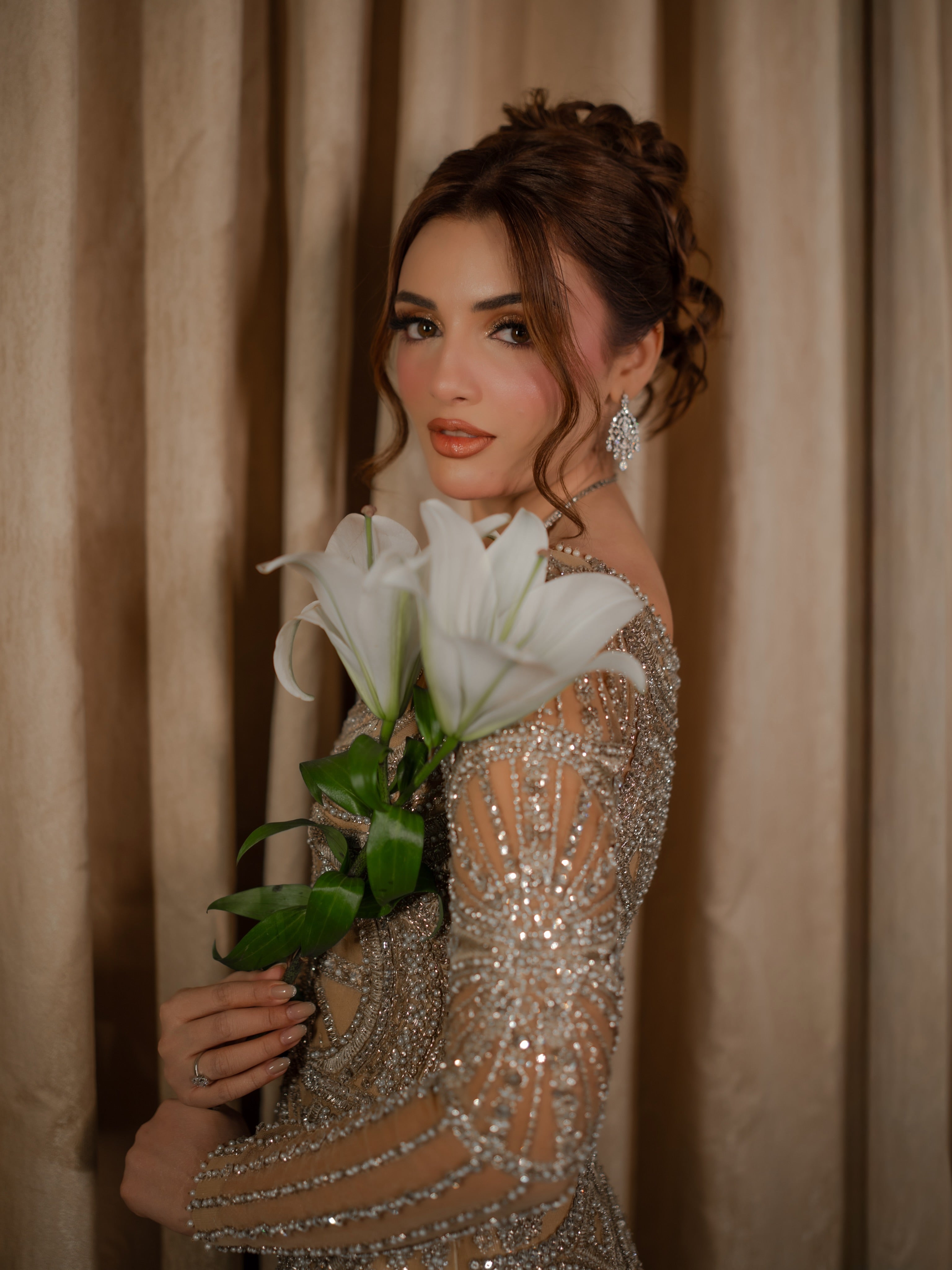 The Celestial Shimmer Gown & Sequin Veil Set – Champagne Gold