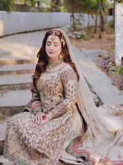Zariyah | Ivory Gold Heavily Embellished Bridal Pishwas & Lehenga Set