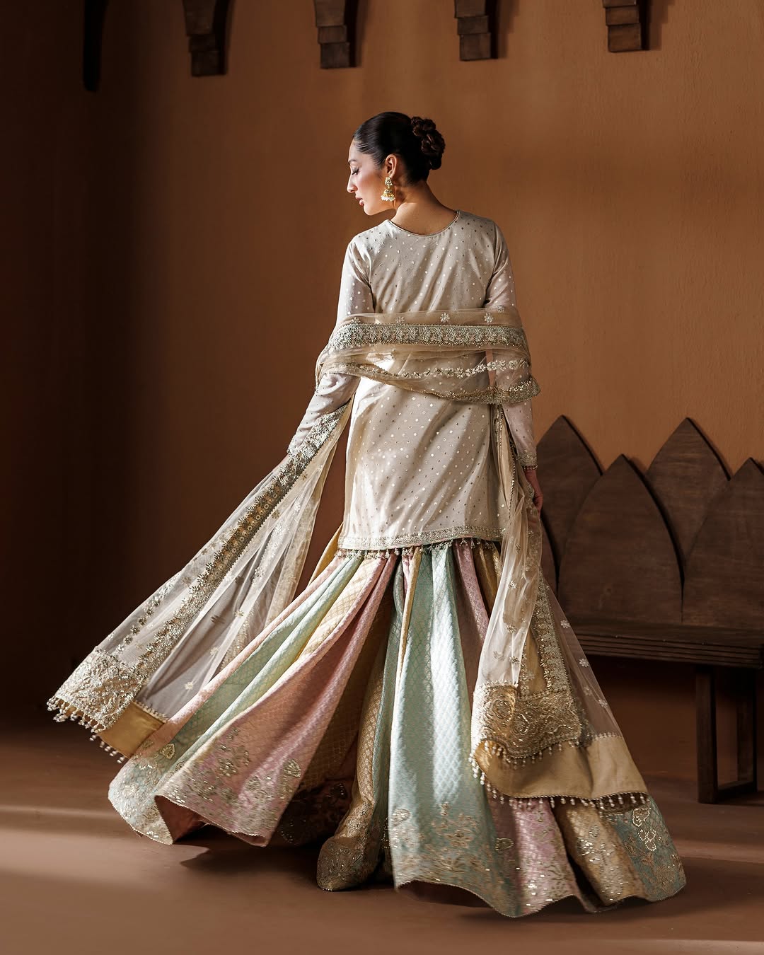 Ivory Zari Banarsi Kurta with Pastel Multi-Panel Kalidar Lehenga & Net Dupatta (3-Piece Luxury Festive Set)