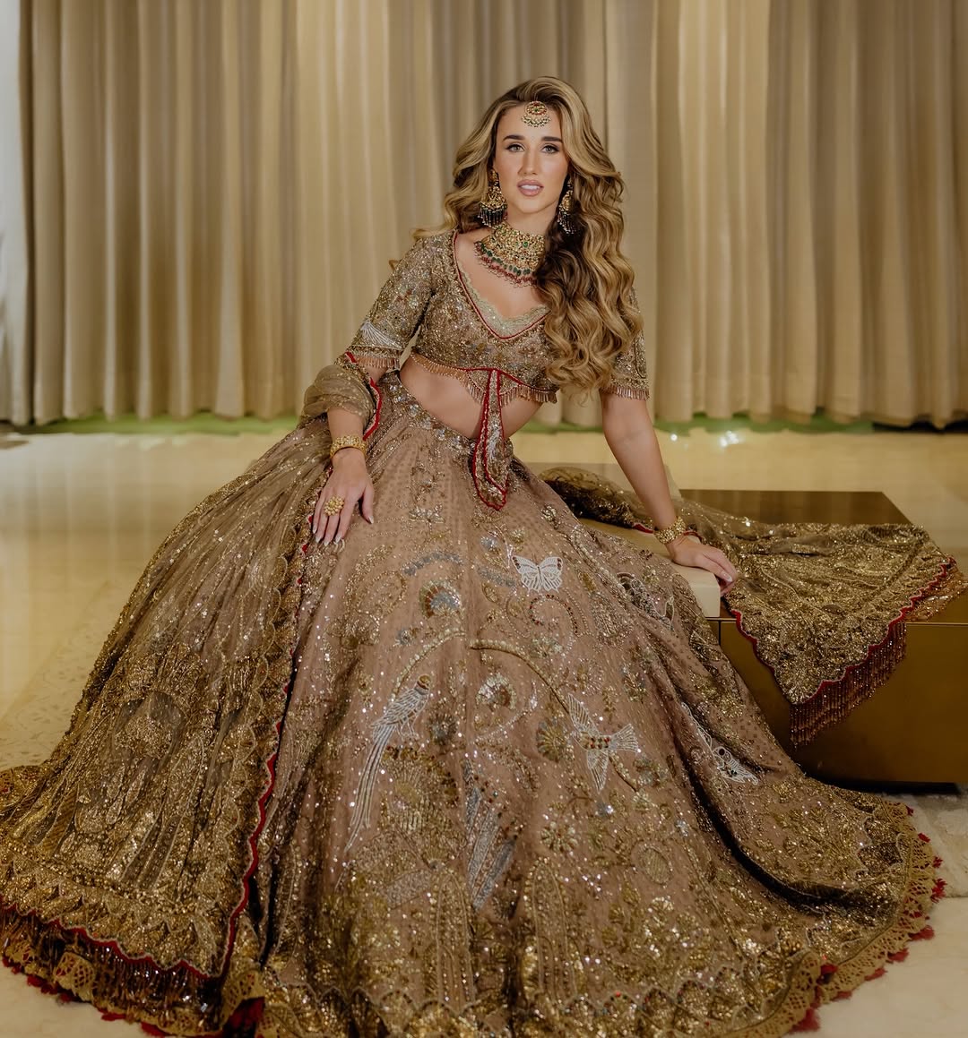 Heavy Luxury South Asian Wedding Lehenga Choli with Intricate Peacock & Butterfly Motifs