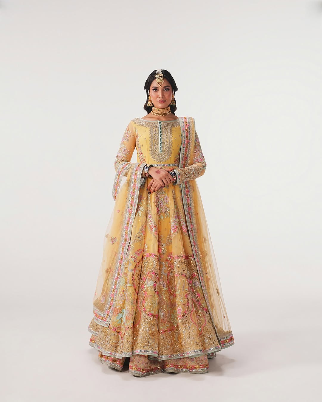 Hand-Embellished Yellow Net Bridal Pishwas & Lehenga Set