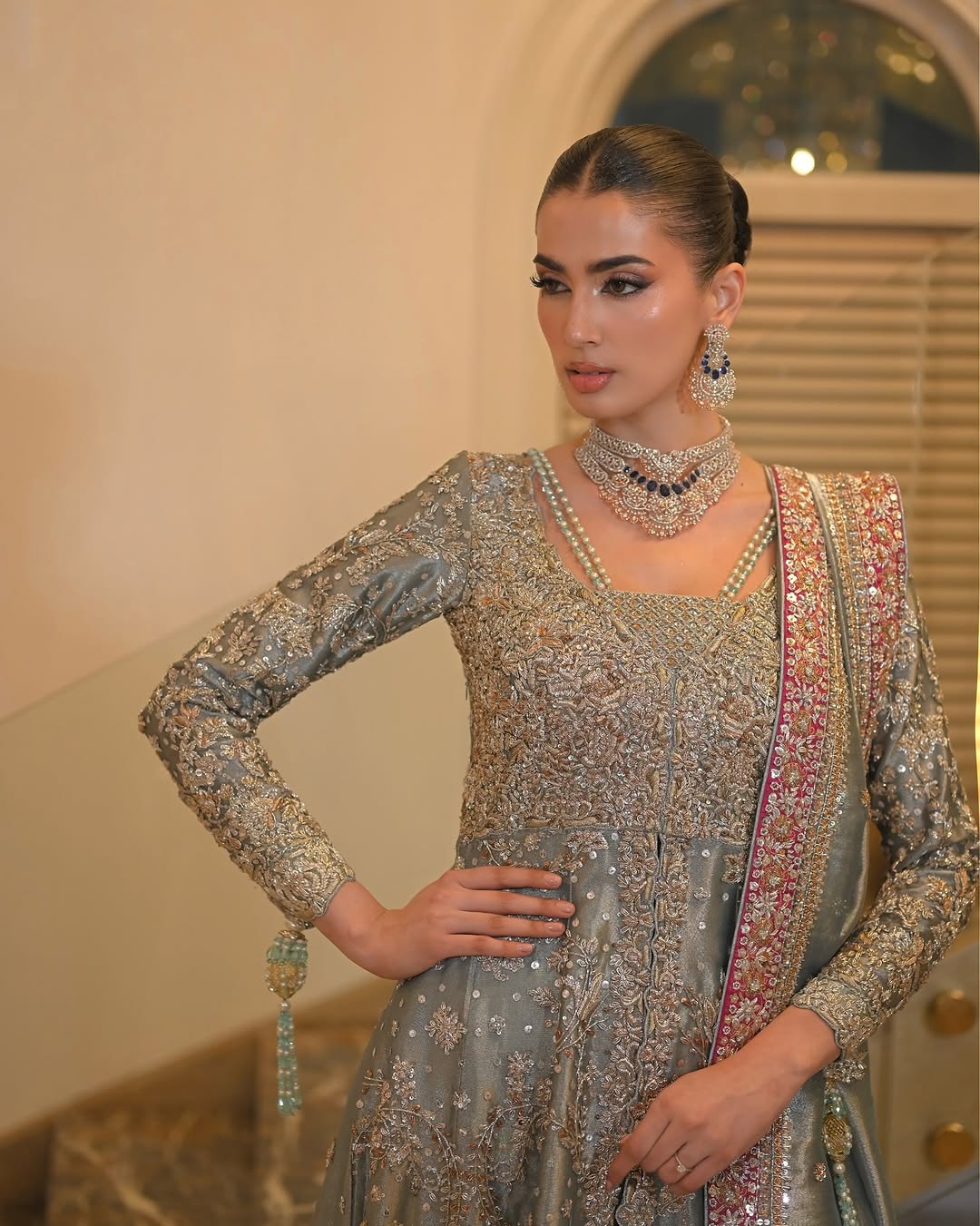 Silver Sage Zardozi Pishwas with Embellished Palazzo & Pink Dupatta