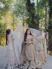 Zariyah | Ivory Gold Heavily Embellished Bridal Pishwas & Lehenga Set