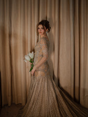 The Celestial Shimmer Gown & Sequin Veil Set – Champagne Gold