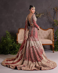 Maroon Zardozi Mermaid Lehenga – Hand-Embellished Bridal Gown with Trail