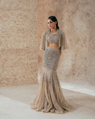 Hand-Embellished Nude Beige Mermaid Lehenga & Crop Top Set with Cape