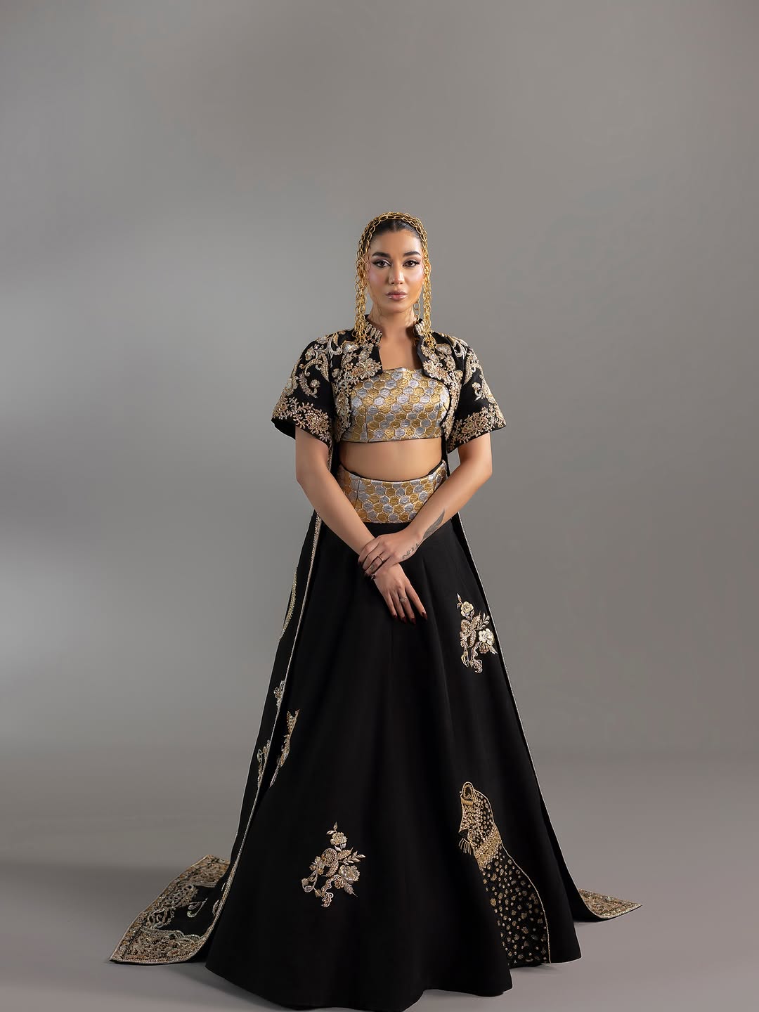 Midnight Black Hand-Embroidered Lehenga Set with Short Jacket