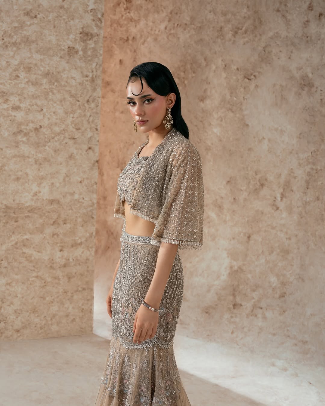 Hand-Embellished Nude Beige Mermaid Lehenga & Crop Top Set with Cape
